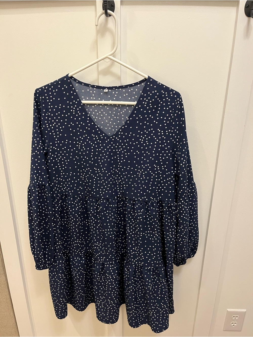 Amazon Navy and White Polka Dot V-Neck Tiered Dress